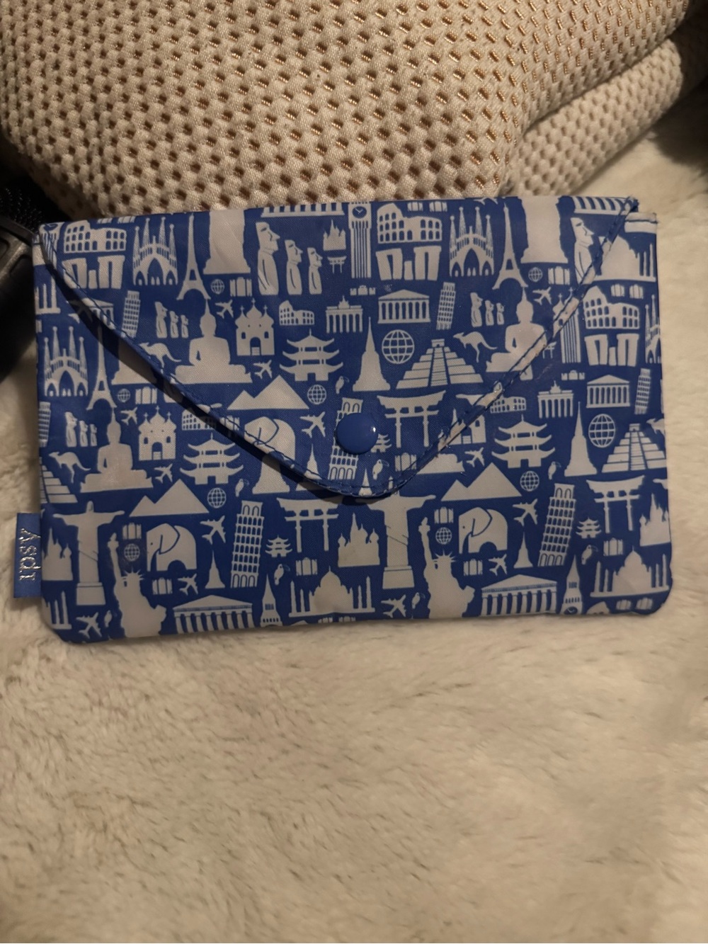( Surprises INSIDE!) Blue and White Travel Pattern Snap Clutch